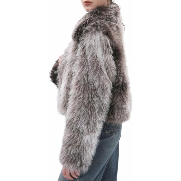 Women's Faux Fur Zip-Up Cropped Jacket Long Sleeve Warm Winter Coat Brown - Picture 2 of 5